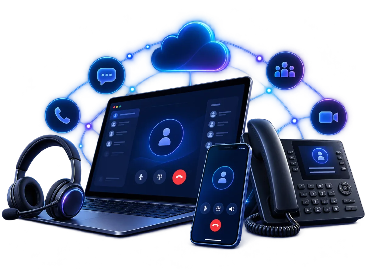 Cloud business phone system across desk phone, computer and mobile devices.